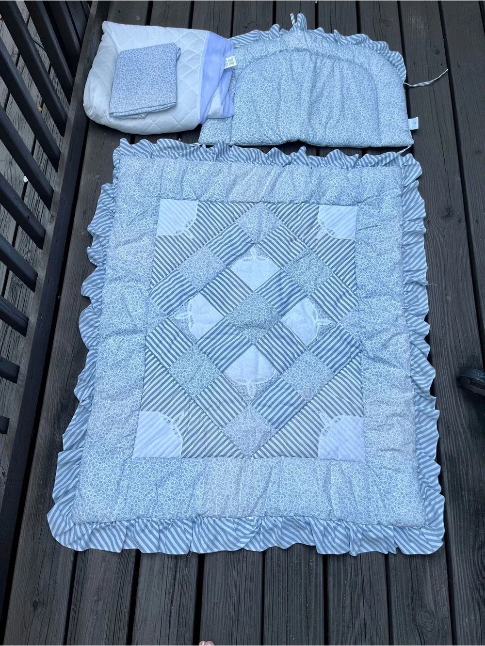 Quilted Nursery Comforter Set in Light Blue - Soft Patchwork Style